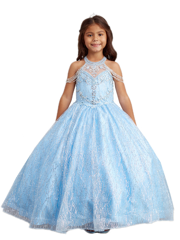 Big Girls Sky Blue Dangling Beads Choker Style Pageant Dress 8-16 - SophiasStyle.com